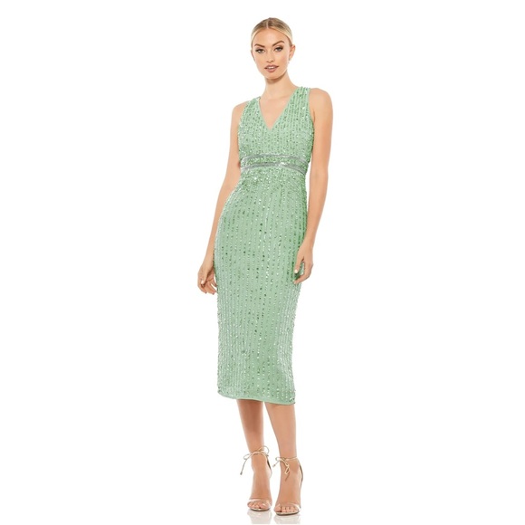 NWT Mac Duggal 70267 Sequined Sleeveless V-Neck Midi Sheath Dress Sage 12 - Picture 3 of 9